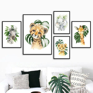 Baby Giraffe Tiger Zebra Rhino Leaf Wall Art Canvas Painting Nordic Poster e stampe Immagini murali di animali Decorazioni per la camera dei bambini per bambini