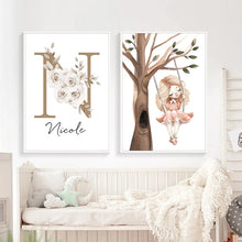 Cargar imagen en el visor de la galería, Póster personalizado con nombre del bebé, arte de pared de habitación de niña, pintura en lienzo de dibujos animados, decoración de imágenes de conejo, ciervo, zorro y seta