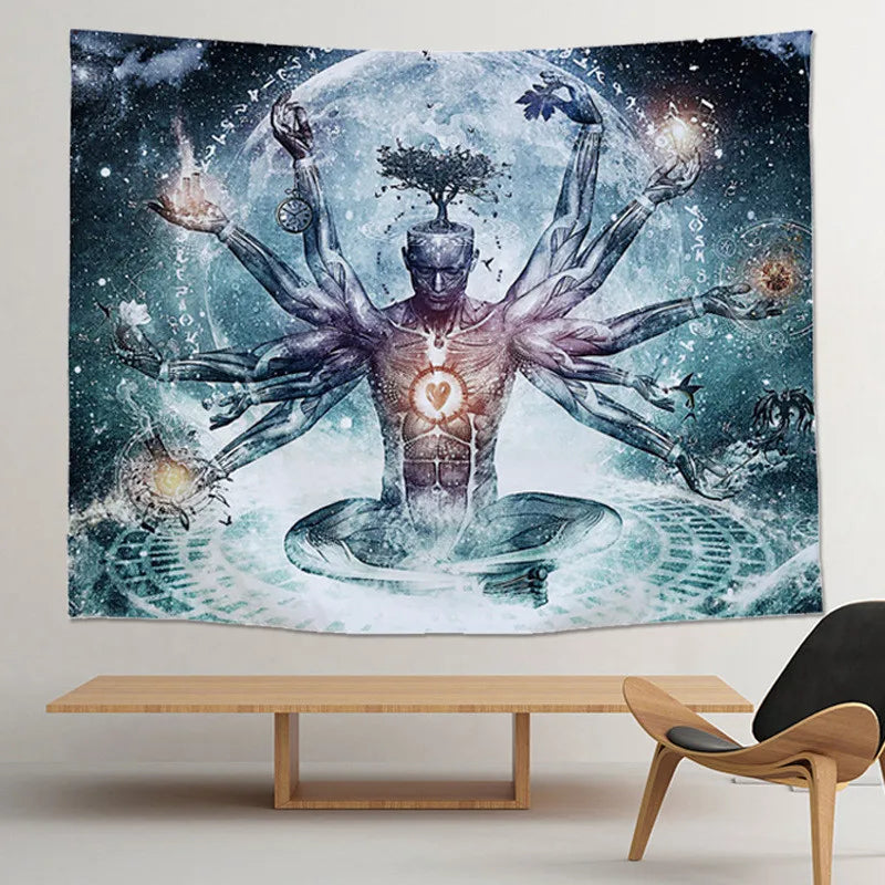 Indischer Wandteppich, Buddha-Statue, Meditation, Chakra, Wandteppich, Wandbehang, Mandala-Wandteppich, Wandtuch, psychedelischer Yoga-Teppich, Boho