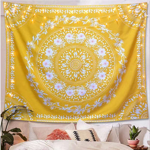 Böhmischer Mandala-Wandteppich, Wandbehang, gelbe endlose Blumen, Hippie-Wandteppiche, Wohnheimdekoration, psychedelischer Wandteppich