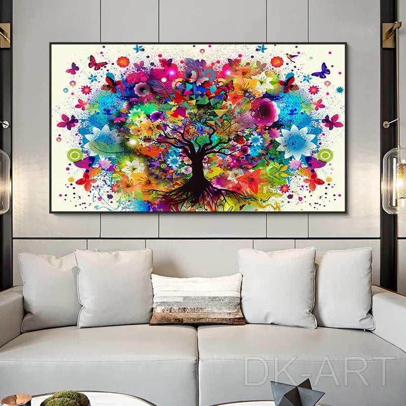 Pintura en lienzo de árbol de acuarela, carteles e impresiones artísticos de pared, flores coloridas abstractas, imágenes de mariposas para decoración para sala de estar