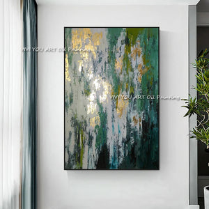 100% Handmade Abstract Green Gold Foil Oil Painting Modern Canvas Art Fashion Wall Pictures for Living Room Big Green Posters