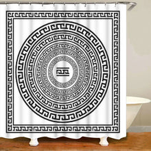 Cargar imagen en el visor de la galería, Cortinas de ducha con llave griega étnica, cortina de baño impermeable de poliéster, juego de cortinas de baño con borde de meandro tradicional, alfombrillas, decoración de alfombra