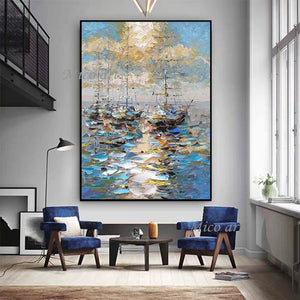 Paisaje costero abstracto, pintura al óleo gruesa con textura pesada, barco de vela, arte de barco, pintado a mano, paisaje marino sin marco, arte en lienzo para pared