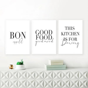 Minimalista buena comida buen humor Bon Appetit citas lienzo pintura negro blanco pared arte póster imprimir imágenes cocina decoración del hogar