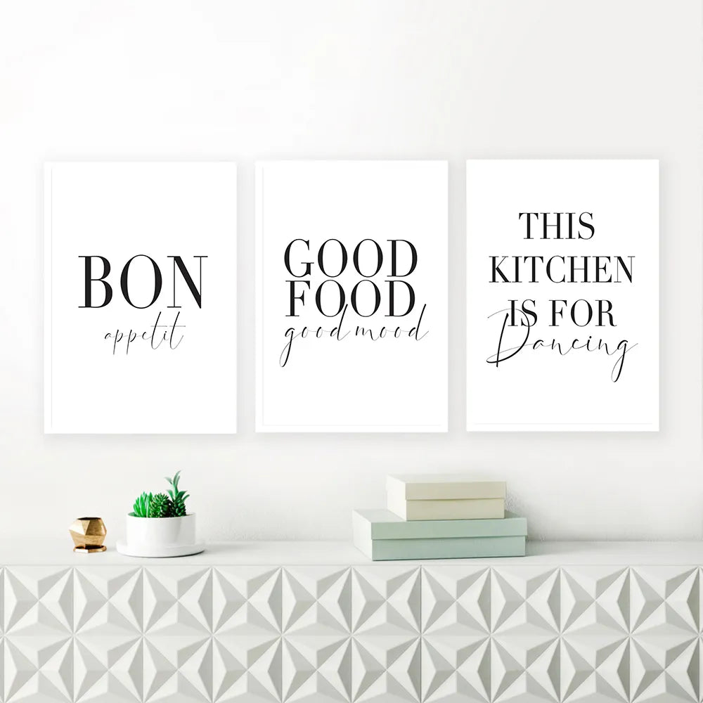 Minimalista Buon cibo Buon umore Buon appetito Citazioni Tela Pittura Nero Bianco Wall Art Poster Stampa Immagini Cucina Decorazioni per la casa