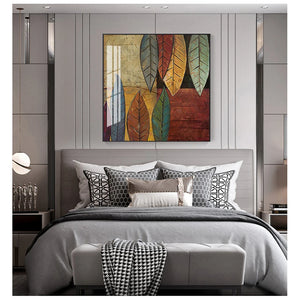 Cuadro de arte de pared cuadrado para sala de estar, pintura en lienzo de hojas coloridas abstractas HD, estampado de plantas de Retro verde, decoración de moda
