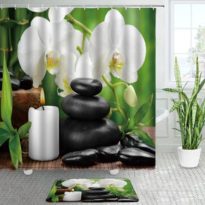 Cortinas de ducha de bambú verde orquídea púrpura, juego de alfombrillas de baño Zen, piedra negra, Spa, paisaje Natural, decoración de baño, alfombrilla antideslizante