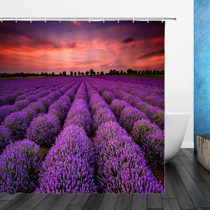 Blumenlandschaft Lila Lavendel 3D-gedruckte Duschvorhänge Badezimmer Home Decor Badvorhang Wasserdichtes Polyester-Stoff-Set