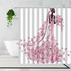 Cortinas de ducha de flores de moda rosa, botella de Perfume, cosméticos de tacón alto, conjunto de cortina para dormitorio de niña, cortina de baño impermeable de tela