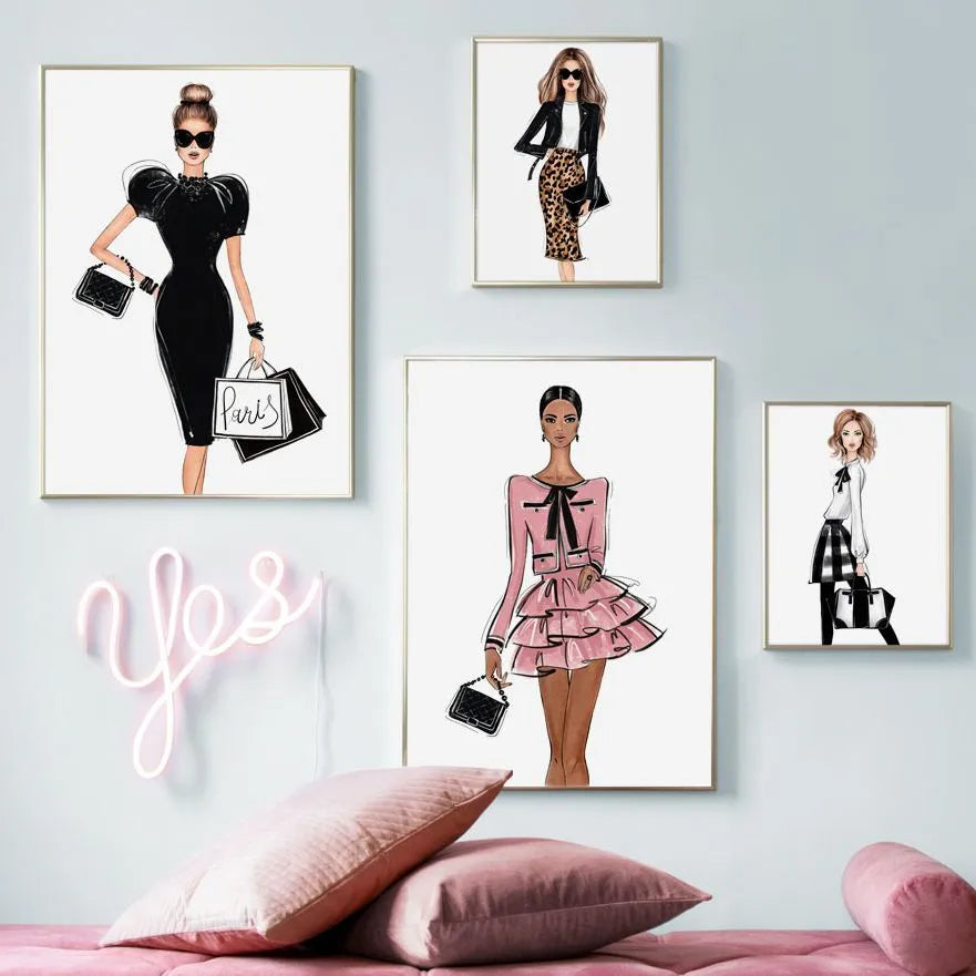 Paris Sexy Girl Fashion Dress Wall Art Canvas Painting Nordic Posters And Prints Salon Decoration Wall Pictures For Living Room