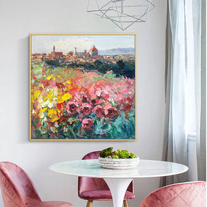 Pintura al óleo de paisaje abstracto moderno, cuchillo hecho a mano, lienzo de flores, pintura para sala de estar, hogar, pared del salón, imagen artística decorativa