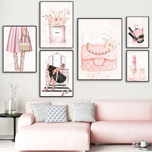 Cargar imagen en el visor de la galería, Moda chica tacones altos lápiz labial Perfume carteles nórdicos e impresiones cuadro sobre lienzo para pared cuadros para decoración para sala de estar