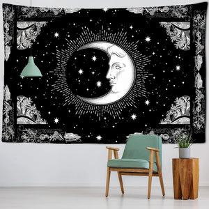 Tapiz de Mandala, tapiz de sol y luna en blanco y negro para colgar en la pared, tapiz de adivinación, tapiz hippie, fondo del hogar Dec