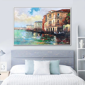 Mintura Wall Pictures for Living Room Oil Paintings on Canvas,Hand-Painted The Village By The Sea Hotel Decor Wall Art, No Frame