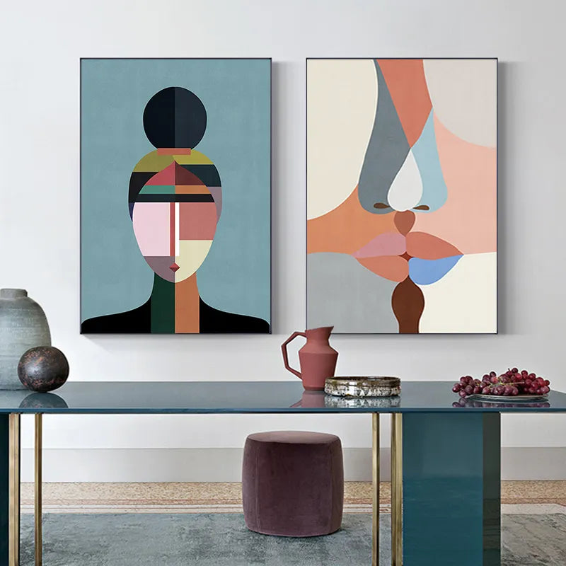 Lienzo de pared de caras abstractas contemporáneas, carteles de Bolcks de colores geométricos e impresiones de imágenes artísticas de pared para decoración del hogar y la sala de estar