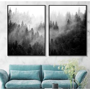 Impresiones de naturaleza, arte de pared de bosque, carteles de árboles blancos y negros, pintura en lienzo de paisaje de bosque brumoso, imagen de pared, decoración para sala de estar