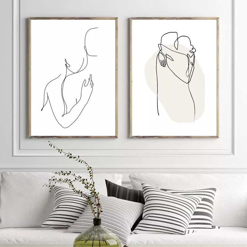 Dibujo de líneas de pareja, impresión de bocetos, cuadro sobre lienzo para pared abstracto minimalista, imagen en blanco y negro, póster nórdico, decoración de dormitorio