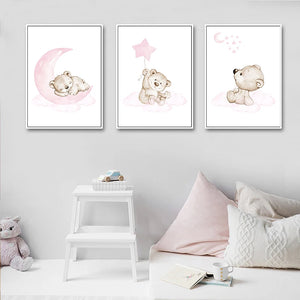 Póster infantil de oso rosa, Luna, estrella, estampado para guardería, cuadro sobre lienzo para pared de animales de dibujos animados, cuadro decorativo para habitación de bebé de chico nórdico