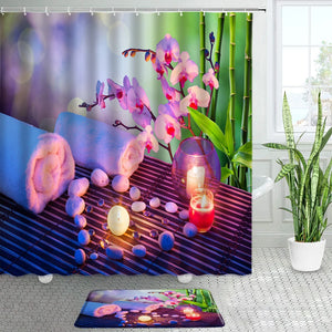 Фиолетовая орхидея, зеленая бамбуковая занавеска для душа, набор ковриков для ванной, дзен, черный камень, спа, природный пейзаж, декор для ванной комнаты, нескользящий дверной коврик