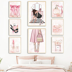 Mode Mädchen High Heels Lippenstift Parfüm Nordic Poster Und Drucke Wand Kunst Leinwand Malerei Wand Bilder Für Wohnzimmer Dekor