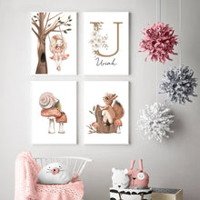 Cargar imagen en el visor de la galería, Póster personalizado con nombre del bebé, arte de pared de habitación de niña, pintura en lienzo de dibujos animados, decoración de imágenes de conejo, ciervo, zorro y seta