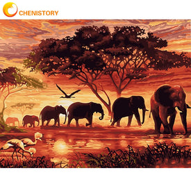 CHENISTORY coucher de soleil éléphants animaux peinture à la main par numéros Art mural moderne peint à la main photo acrylique pour la décoration intérieure 40x50cm