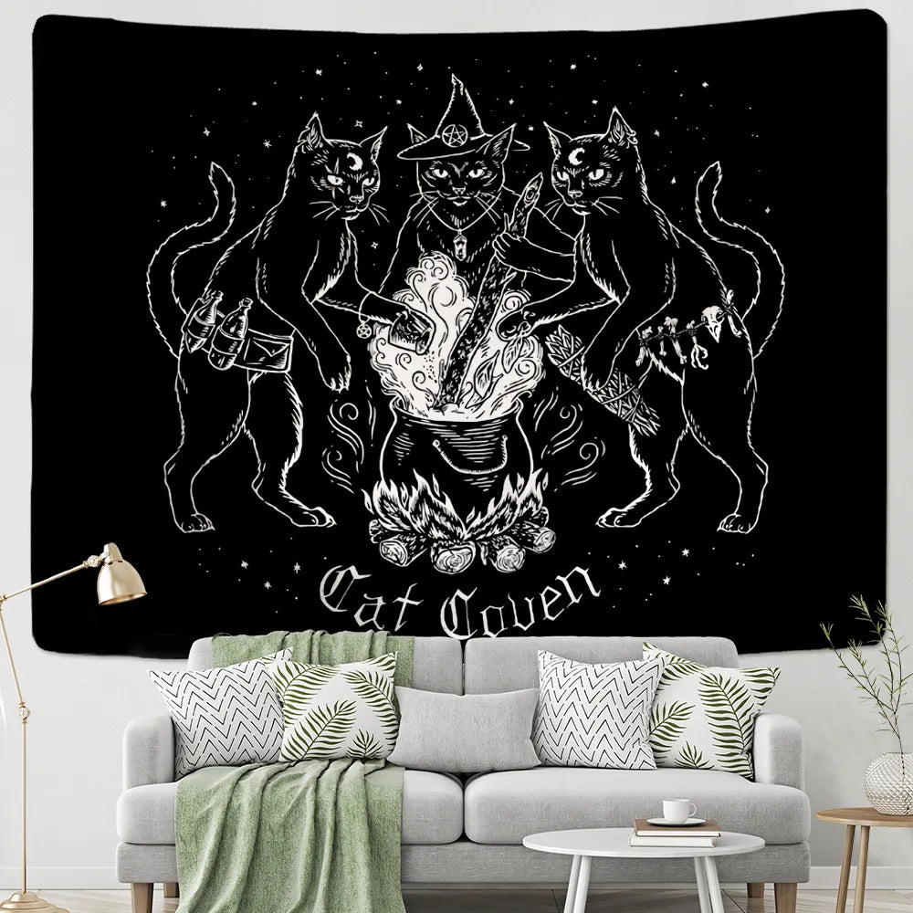 Cat Mysterious Divination Witchcraft Tapestry Wall Hanging Tapestries Baphomet Occult Home Wall Black Cool Decor Cat Coven