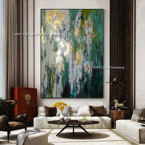 100% Handmade Abstract Green Gold Foil Oil Painting Modern Canvas Art Fashion Wall Pictures for Living Room Big Green Posters
