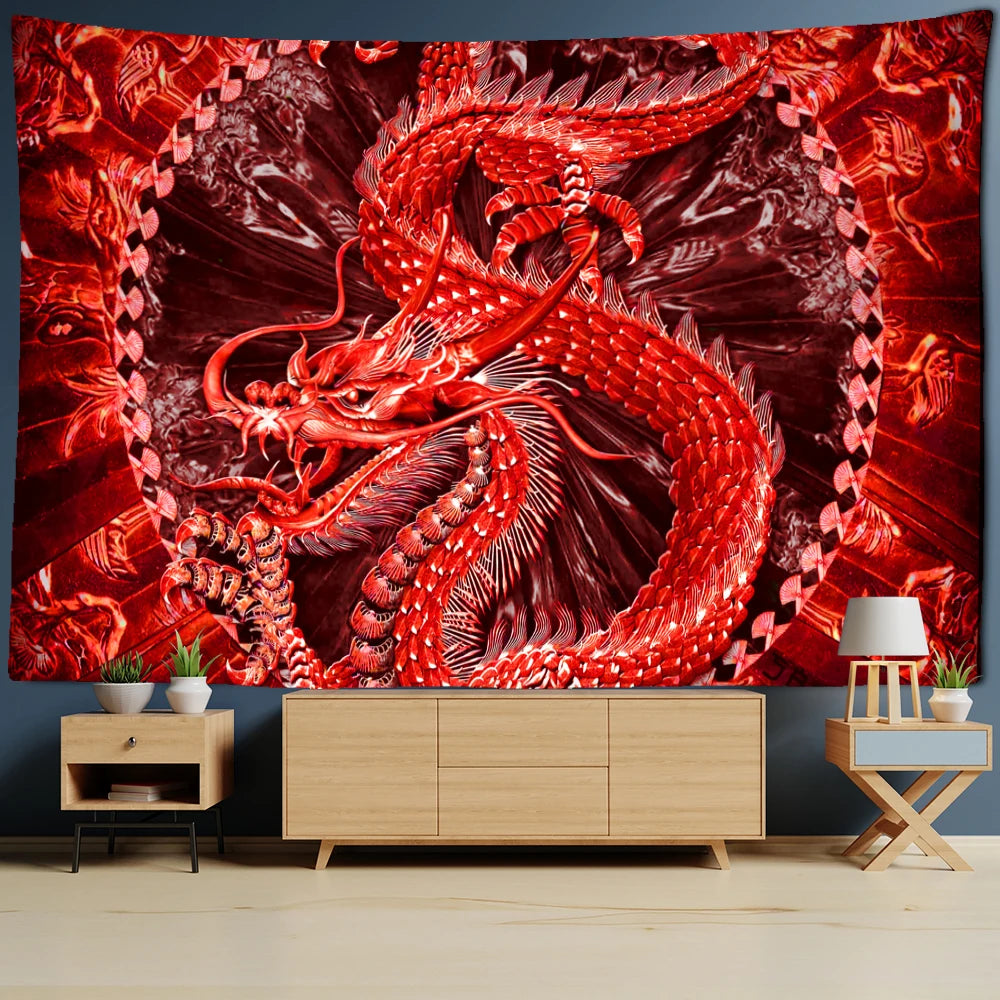 Tapiz de tótem de dragón rojo Loong, alfombra para colgar en la pared de Castillo de dibujos animados, colcha, tapete de playa, Tapis para decoración del hogar, arte