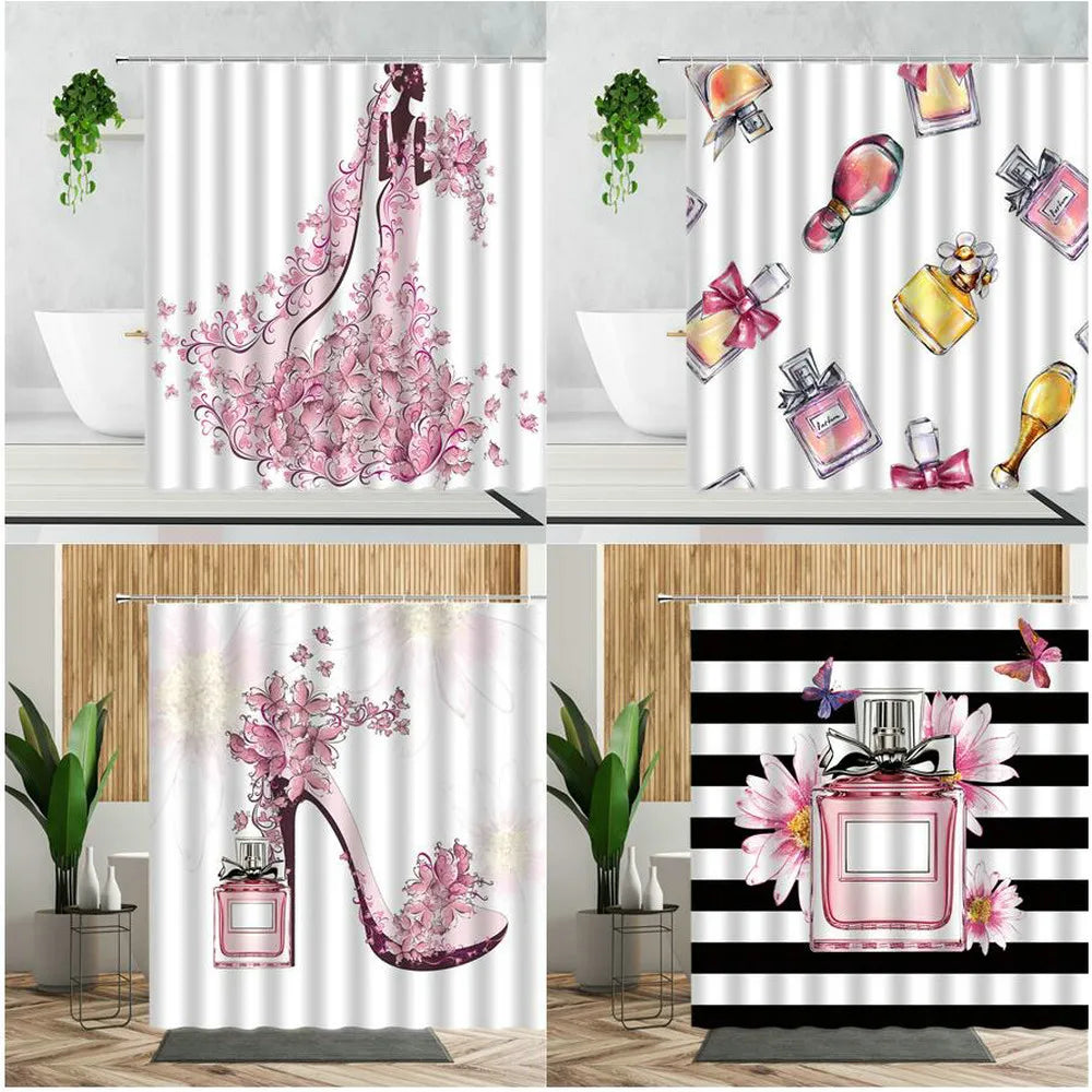 Pink Fashion Flowers Shower Curtains Perfume Bottle High Heel Cosmetics Girl Bedroom Curtain Set Fabric Waterproof Bath Curtain