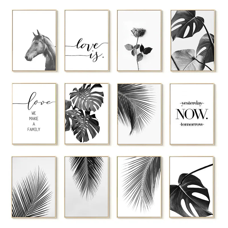 Modern Wall Art Canvas Black And White Palm Leaves Plant Horse Painting Bedroom Living Room Home Decor Aesthetic Poster Pictures