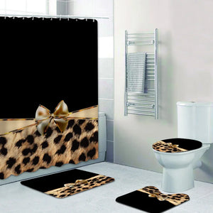 Girly Pink Ribbon Leopard Print Shower Curtain and Bath Rugs Set Modern Cheetah Leopard Bath Curtains for Bathroom Home Decor