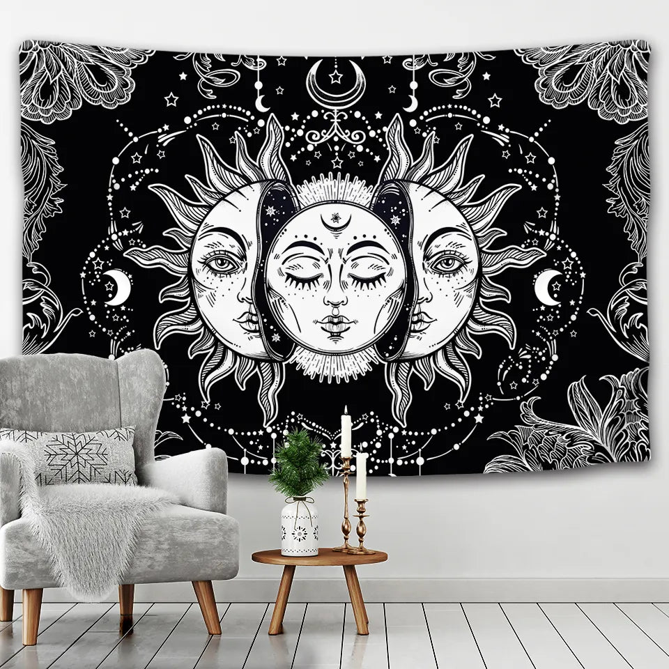 Tapiz de Mandala, tapiz de sol y luna en blanco y negro para colgar en la pared, tapiz de adivinación, tapiz hippie, fondo del hogar Dec