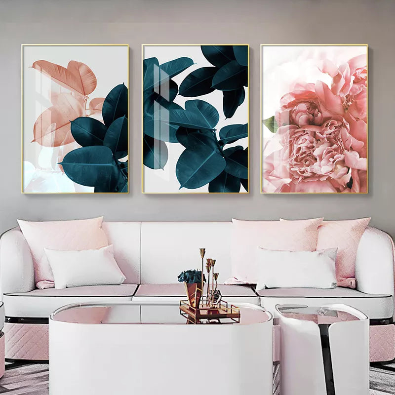 Póster nórdico de hojas y flores verdes y rosas, cuadro sobre lienzo para pared, carteles abstractos e impresiones de imágenes de pared para decoración para sala de estar