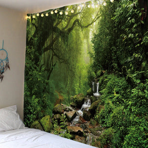 Hermoso tapiz de cascada natural con estampado de bosque, paisaje marino hippie, tapiz de pared bohemio, decoración de pared con mandala