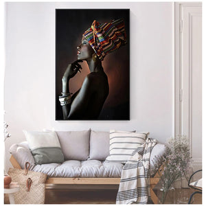 Imagen artística de pared escandinava para sala de estar, mujer africana, diadema india, retrato, pintura en lienzo, carteles e impresiones