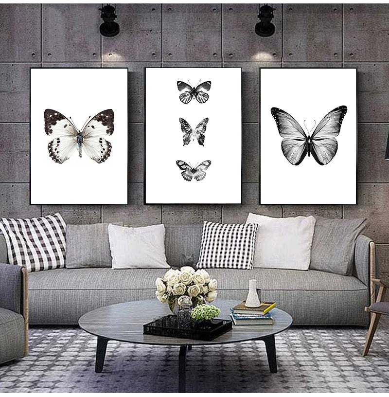 COLORFULBOY-pintura en lienzo impreso para pared, póster nórdico de mariposa blanca y negra, arte en lienzo, imágenes de pared de animales para sala de estar