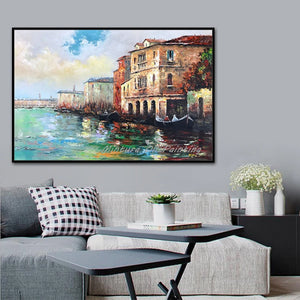 Mintura Wall Pictures for Living Room Oil Paintings on Canvas,Hand-Painted The Village By The Sea Hotel Decor Wall Art, No Frame