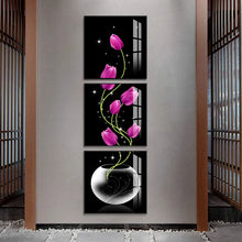 Charger l&#39;image dans la galerie, Vase modulaire avec tulipes violettes, 3 pièces, fleurs, art mural, toile, affiche, porche, couloir, Version verticale, décoration de la maison
