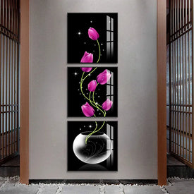 3 Stück modulare Vase mit lila Tulpen Blumen Wandkunst Leinwand Gemälde Poster Veranda Korridor Vertikale Version Heimdekoration