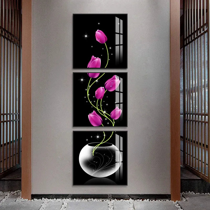 3 pieces Modular Vase with purple tulips Flowers wall art Canvas painting poster Porch Corridor Vertical Version Home Decoration