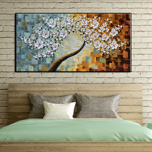 Hand painted abstract oil painting thick oil white flowers wall decor hanging picture for living room home decoration no framed