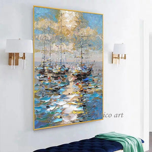 Paisaje costero abstracto, pintura al óleo gruesa con textura pesada, barco de vela, arte de barco, pintado a mano, paisaje marino sin marco, arte en lienzo para pared