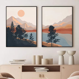 Mid Century Abstract Boho Mountain Lake Scene Poster Dipinto su tela Stampa artistica su parete Immagine Soggiorno Decorazione interna della casa