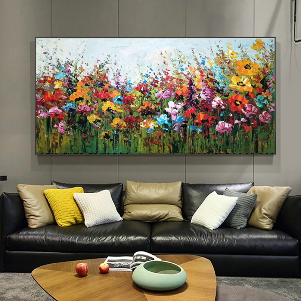 Large Abstract Floral Wall Painting, Modern Wall Art, Canvas Pictures, Handmade wildflowers Oil Painting, Living Room Wall Decor