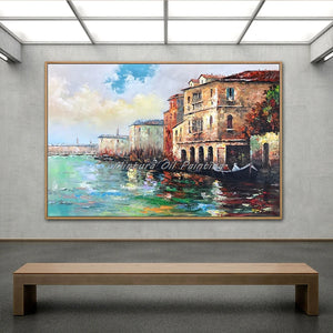 Mintura Wall Pictures for Living Room Oil Paintings on Canvas,Hand-Painted The Village By The Sea Hotel Decor Wall Art, No Frame