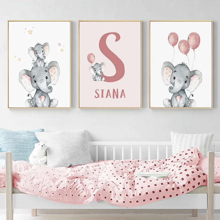 Affiche personnalisée en forme d'éléphant mignon avec nom de bébé, peinture sur toile, images murales imprimées, cadeau pour chambre de bébé, décoration de maison