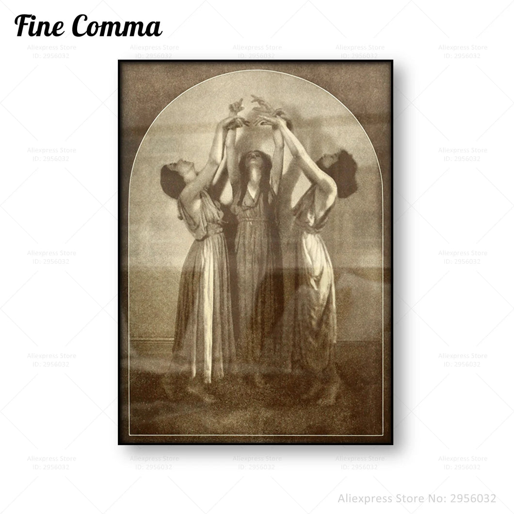 Three Witches Vintage Poster Anqitue Wall Art Canvas Print Women Dancing Wicca Pagan Sorceress Priestess Coven Witchcraft Seance