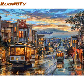 RUOPOTY Cornice City Night Bus Pittura a olio fai da te con i numeri Paesaggio Moderno Wall Art Canvas Painting Regalo unico Opere d'arte da parete